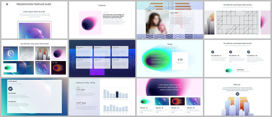 Minimal presentations, portfolio templates with colorful gradient blurs and geometric backgrounds. Brochure cover vector design. Presentation slides for flyer, leaflet, brochure, report, marketing.