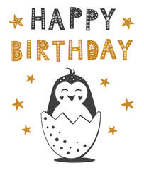Happy birthday card. Cute little penguin in an egg. Vector illustration.