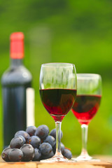 Two glasses Red Wine with wine bottle and fresh grapes on wooden table, defocused green outdoors background 4