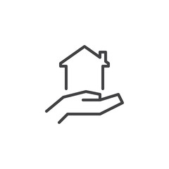 Fototapeta na wymiar Hand holding house outline icon. linear style sign for mobile concept and web design. House insurance simple line vector icon. Mortgage Symbol, logo illustration. Pixel perfect vector graphics