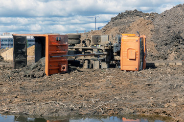 the truck rolled over on its side