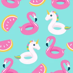 Keuken foto achterwand Eenhoorn Zomerzwembad drijvend met flamingo en eenhoorn. Naadloze patroon. Vector illustratie.