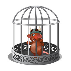 Mouse in the cage bares his teeth isolated on white background. Vector illustration.