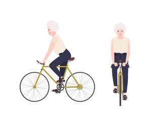 Old woman, grandmother or granny riding bike. Female cartoon character on bicycle. Pedaling elderly cyclist isolated on white background. Leisure activity. Front and side views. Vector illustration.