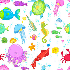 Underwater world. Bright and colorful seamless pattern of sea fauna. Cartoon ocean creatures. Fishes, jelly fish, shells, octopus, crab, seaweed, coral, sea horse and starfish.