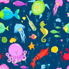 Obraz na płótnie Canvas Underwater world. Bright and colorful seamless pattern of sea fauna. Cartoon ocean creatures. Fishes, jelly fish, shells, octopus, crab, seaweed, coral, sea horse and starfish.