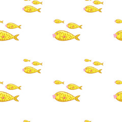 Undersea world. Bright and colorful seamless pattern of sea fauna. Childish cartoon ocean creatures. Cute smiling yellow  fishes.  