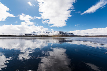 Reflection of sky and volcanic mountains in Snæfellsnes peninsula