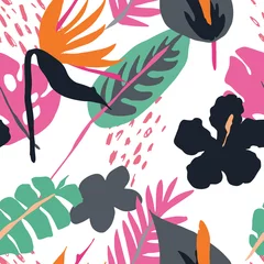 Behang Minimale zomer trendy vector tegel naadloze patroon in Scandinavische stijl. Paradijsvogel, hibiscus, laceleaf bloemen, palmbladeren. Textielstof badmode grafisch ontwerp voor pring. © stournsaeh