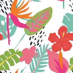 Gordijnen Minimale zomer trendy vector tegel naadloze patroon in Scandinavische stijl. Paradijsvogel, hibiscus, laceleaf bloemen, palmbladeren. Textielstof badmode grafisch ontwerp voor pring. © stournsaeh