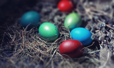 Easter painted eggs on burlap