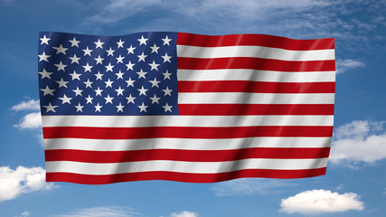 The USA flag in 3d, waving in the wind, on sky background with clouds.