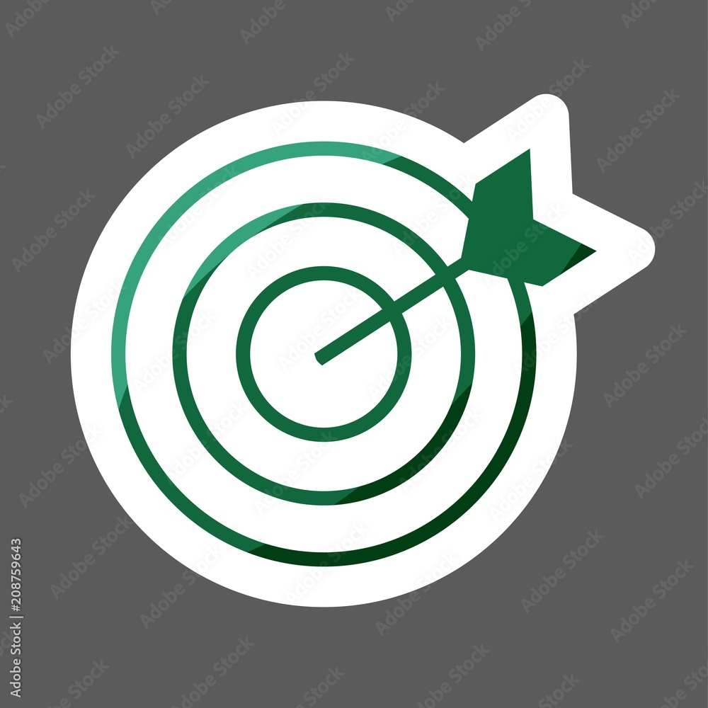 Poster vector colored sticker image of a target pierced by an arrow. white dart vector icon. layers grouped