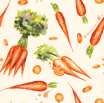 Hand drawn seamless repeated pattern with watercolor ripe orange carrots on the white background