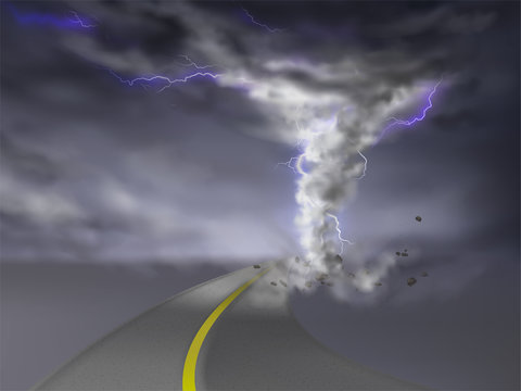 Vector realistic tornado with lightnings, gray hurricane on highway, isolated on transparent background. Wind cyclone, twisted vortex with flashes of light goes on road, dangerous natural disaster