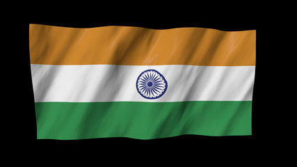 The India flag in 3d, waving in the wind, on black background.