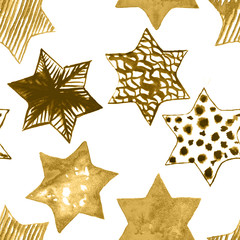 Seamless Watercolor Stars Pattern. Magic Festive Background. Hand Drawn Doodle Stars. Baby Design. Abstract Rapport for Wallpaper, Textile, Linen, Wrapping, Posters, Cards, Banner. New Year, Birthday 