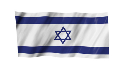 The Israel flag in 3d, waving in the wind, on white background.