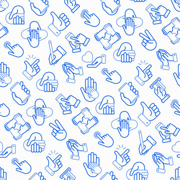 Hands gestures seamless pattern with thin line icons: handshake, easy sign, single tap, 2 finger tap, holding smartphone, teamwork, mutual help, insert credit card, swipe. Modern vector illustration.