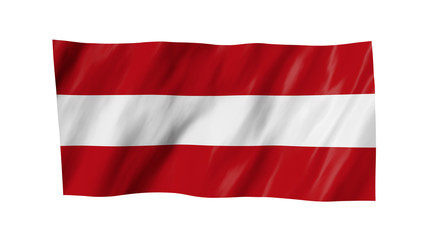 The Austrian flag in 3d, waving in the wind, on white background.