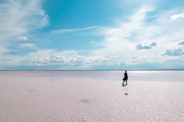 Silhouette women walking on the famous tourist destination Salt Lake (Turkish: Tuz Golu ) is the...