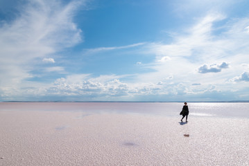 Silhouette women walking on the famous tourist destination Salt Lake (Turkish: Tuz Golu ) is the...