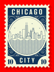 Chicago City Line Style Postage Stamp Design - obrazy, fototapety, plakaty