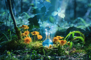 Magic potion in bottle in forest