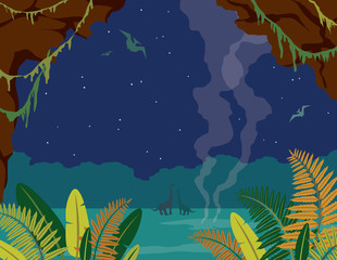 Prehistoric landscape with cave, dinosaurs and night sky. - 208763484
