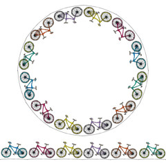 Endless Pattern Brush or Ribbon of Bicycles. Circle Frame Bike Background. Realistic Hand Drawn Illustration. Savoyar Doodle Style.