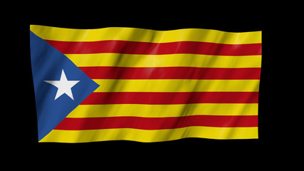 The Catalonia flag in 3d, waving in the wind, on black background.