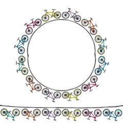 Endless Pattern Brush or Ribbon of Bicycles. Circle Frame Bike Background. Realistic Hand Drawn Illustration. Savoyar Doodle Style.