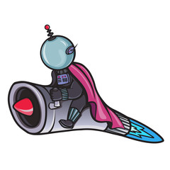 Space man mascot. Vector illustration of space man in cape character on the rocket in retro futurism, cartoon style.