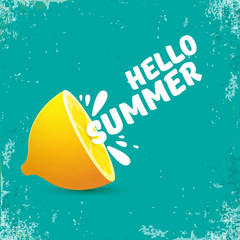 Vector Hello Summer Beach Party Flyer Design template with fresh lemon isolated on azure or torquoise background. Hello summer concept label or poster with orange fruit and typographic text.