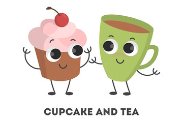 Cartoon cupcake and tea.