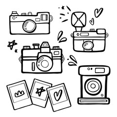 Set of handdrawn retro photo cameras illustrutions. Vintage photo cameras icons