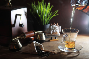 Brewing tea on a wooden table