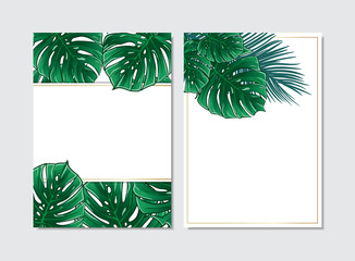 Template frames set. Vertical letter layout. Exotic tropical jungle rainforest green palm Monstera leaves. Shiny golden gradient frame. Wedding, marriage, event invitation, card or decorative print. 