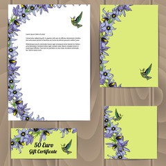 Templates with floral decoration and colibri bird.