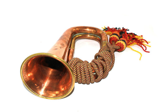 A Brass and Copper Small Bugle  Instrument On White Background