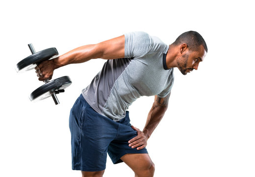 Strong Handsome Sport Man Making Weightlifting And Exercising The Triceps On Isolated White Background