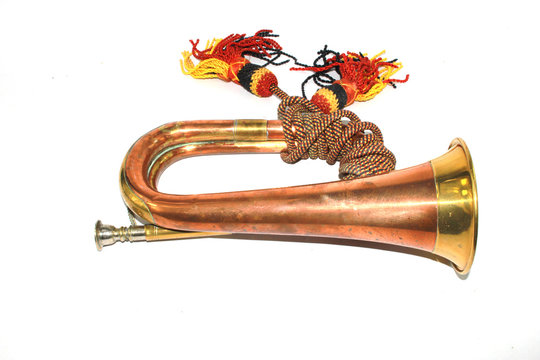 A Brass and Copper Small Bugle  Instrument On White Background