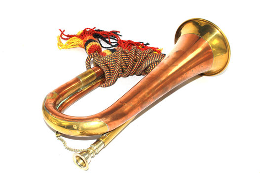 A Brass and Copper Small Bugle  Instrument On White Background