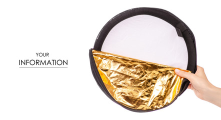 Small photo reflector in hand pattern on white background isolation
