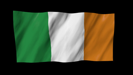 Obraz premium The Irish flag in 3d, waving in the wind, on black background.
