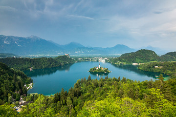 Fototapeta na wymiar View from the top of Ojstrica to Lake Bled on a spring sunny day, Slovenia