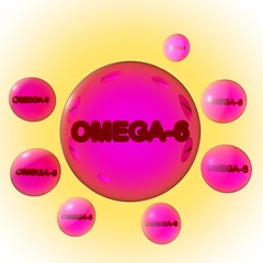 Transparent pink omega-6 pills on yellow background. Vegetable oil capsules. Polyunsaturated fatty acids. Vitamin and mineral complex