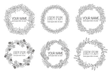 Vector collection of hand drawn logo templates. Wedding, family, children photographer logotypes. Vintage badges wreath