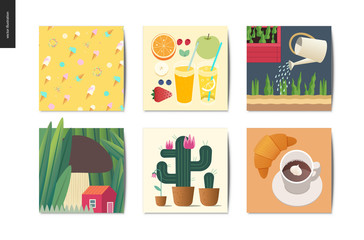 Simple things - cards - flat cartoon vector illustration of ice cream pattern, breakfast meal, tiny mushroom house, salad sprouts, cactus, flowers, croissant and coffee - summer postcards composition