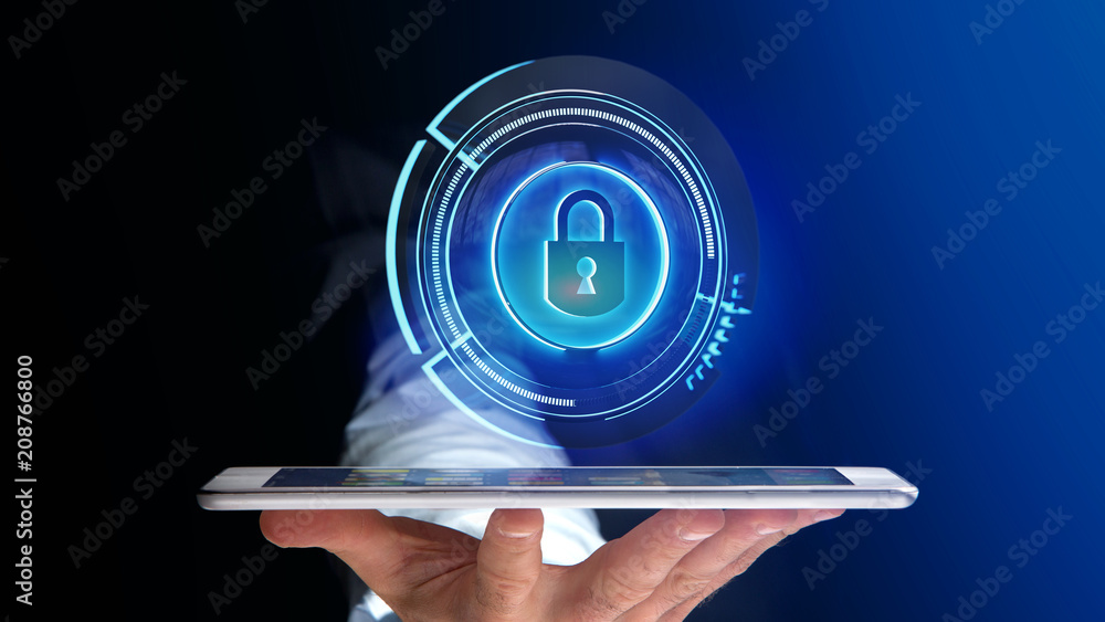 Poster businessman using a smartphone with a shinny technologic locker security button - 3d render
